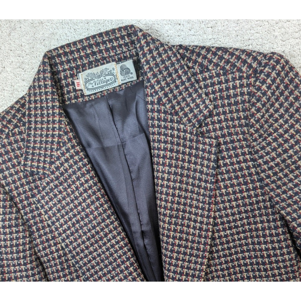 Vintage Villager Womens Blazer Jacket Pure Wool Multicolor Houndstooth 16